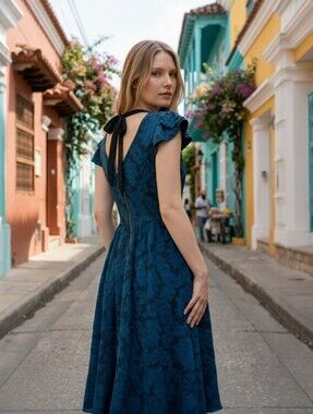 Teal Floral Midi Dress with Back Tie Coquette Girl With Cottagecore Vibe